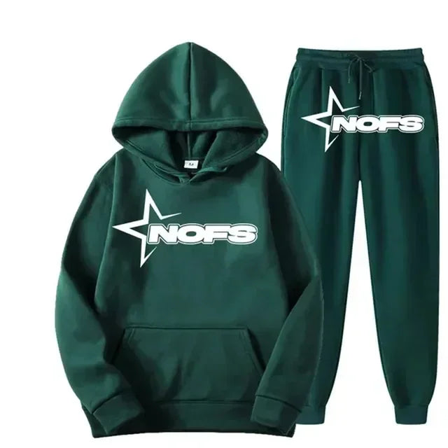 Ensemble streetwear NOFS noir imprimé étoiles avec sweat à capuche et pantalon de jogging, pour hommes et femmes