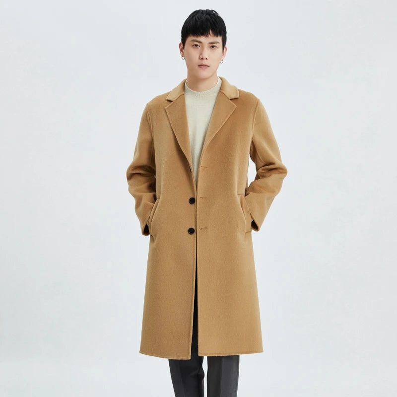 2026 Autumn/Winter New Men's Premium All-Wool Mid-Length Double-Faced Casual Trench Coat, Wool Overcoat