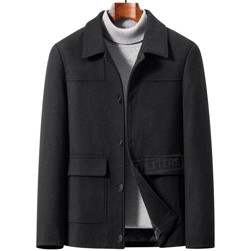 2026 Autumn Winter Business Casual Men Wool Jacket Thickened Cotton Lined Short Notch Lapel Coat Commute Man Woolen Outerwear