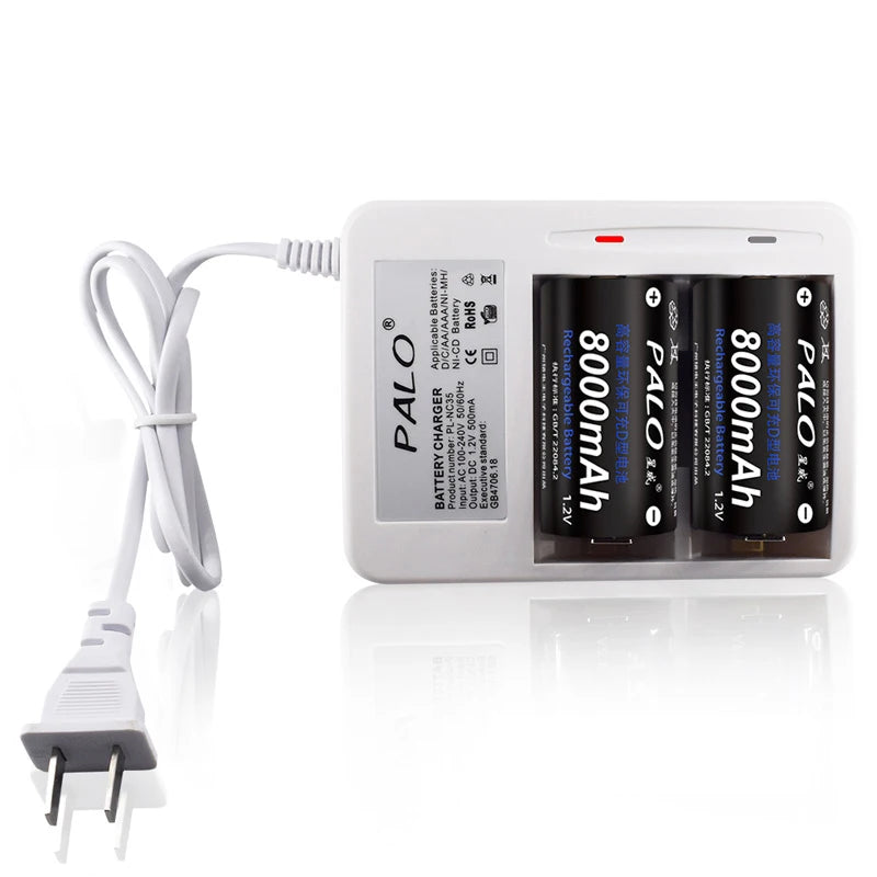PALO 1-8 pcs D Size Rechargeable Battery Type D LR20 Battery 1.2V NI-MH Rechargeable D Battery 8000mAh R20 Rechargeable Battery