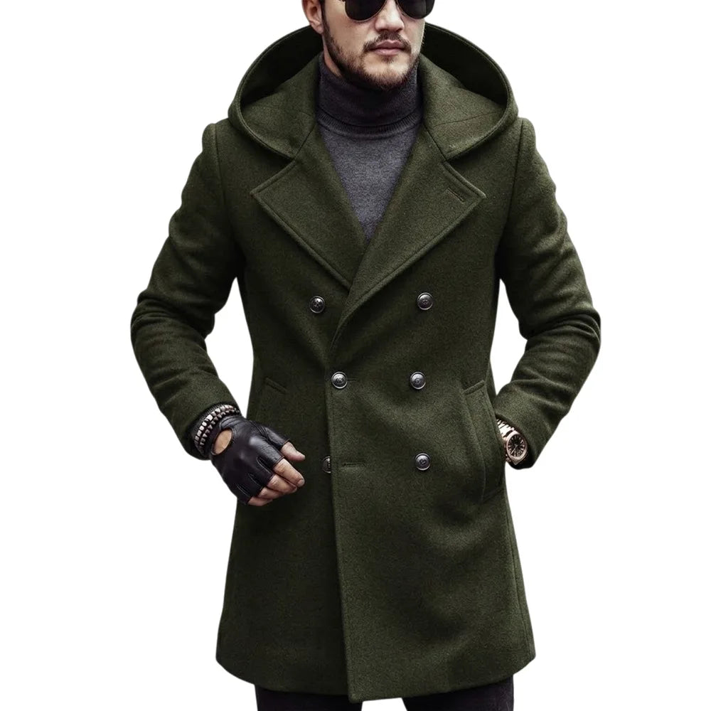 Hooded Jacket Men Wool Blends Mid Length Overcoat Double Breasted Full Sleeve Y2k Streetwear Work Trench Coat Autumn Winter 2026