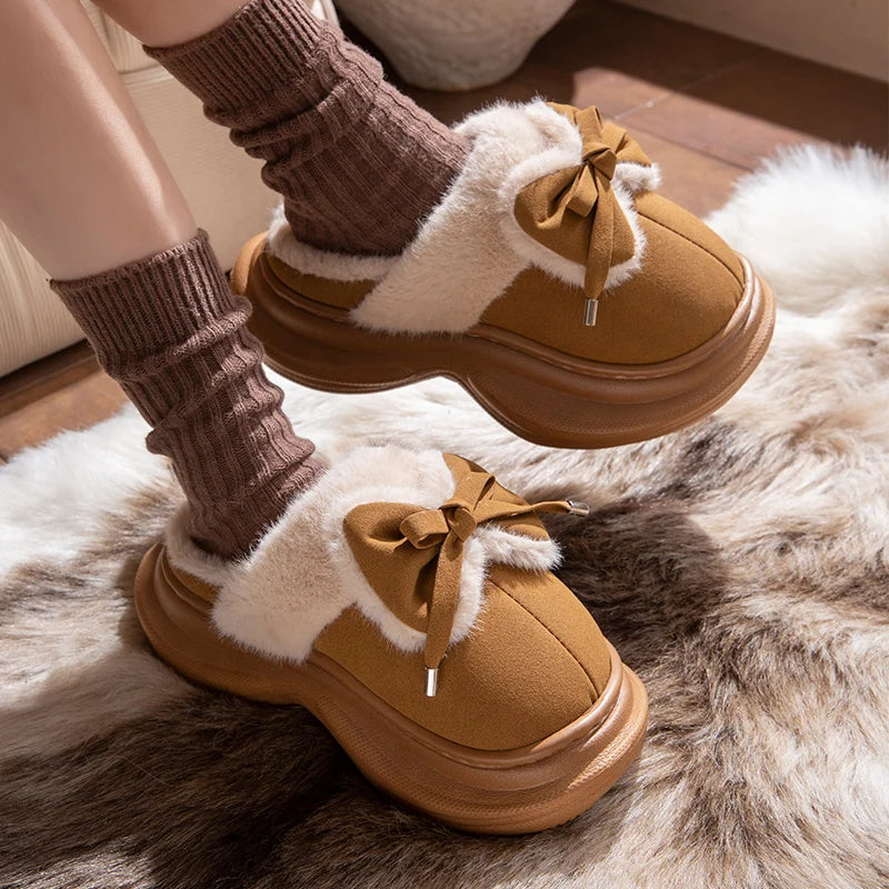 Pantuflas de invierno con lazo para mujer, calzado casual de casa, diseño de lujo de felpa, sandalias de plataforma con cuña, de pelo suave y suela cómoda