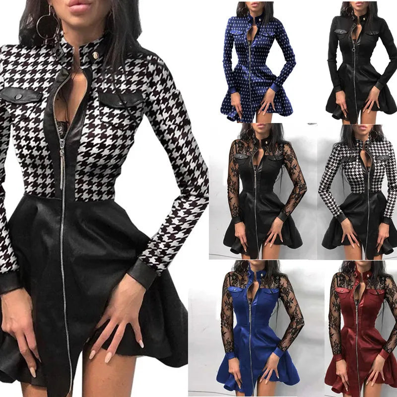 Damen-Minikleid aus Kunstleder mit V-Ausschnitt und Taschen