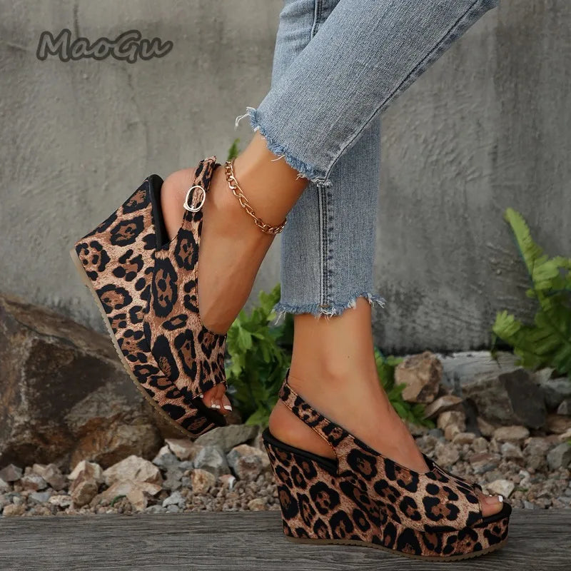 Sandales compensées pour femmes à motif léopard, chaussures à plateforme avec nœud rayé, grandes tailles 35-43, mules à semelle épaisse