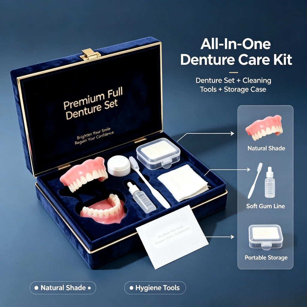 Juego completo de prótesis dentales todo en uno, kit de dentadura postiza de silicona cómoda superior e inferior con caja de regalo y herramientas completas de limpieza para el cuidado dental