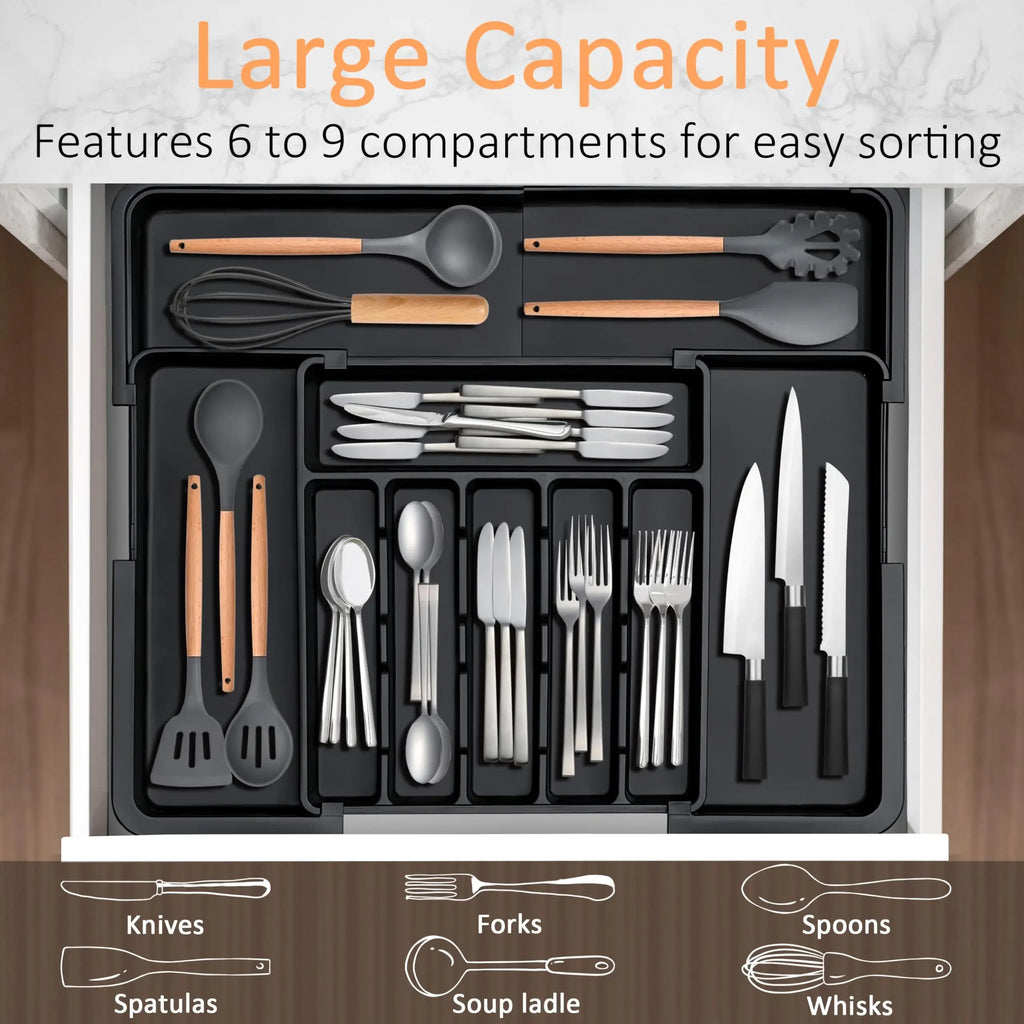 Organisateur de couverts extensible, organiseur de tiroir pour ustensiles de cuisine, grand plateau réglable pour couverts, noir