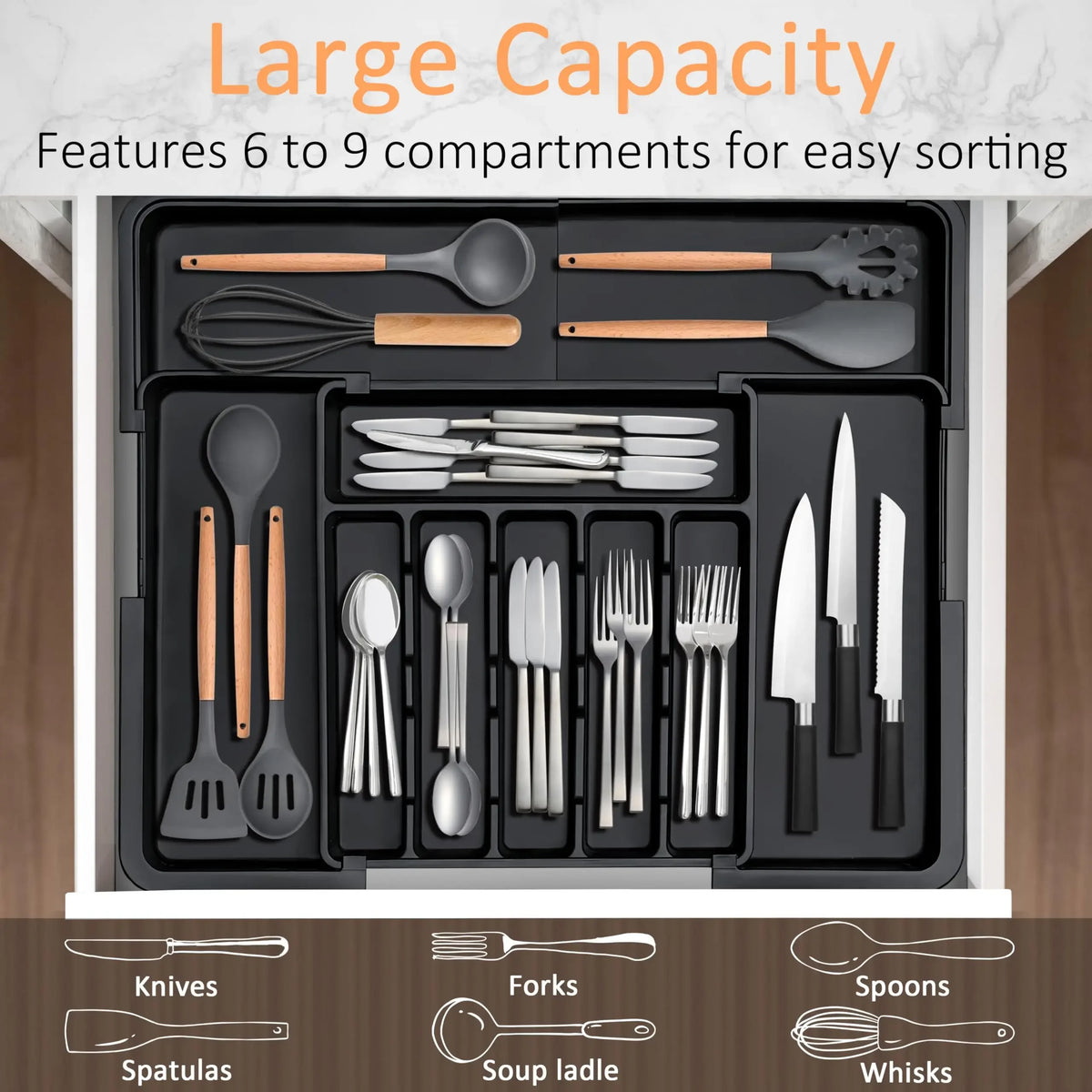 Organisateur de couverts extensible, organiseur de tiroir pour ustensiles de cuisine, grand plateau réglable pour couverts, noir