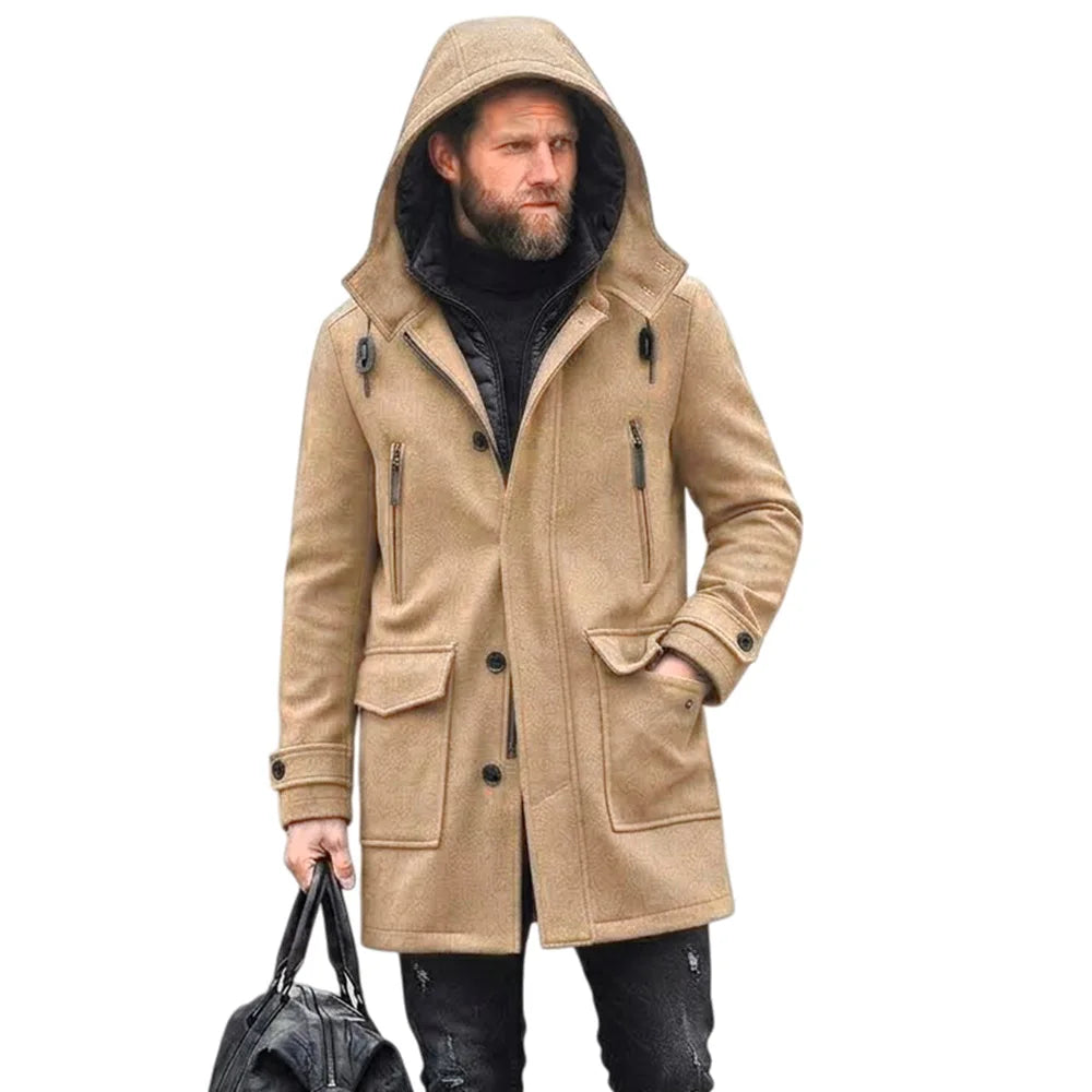 Mid Length Jacket Men Hooded Wool Blends Coats Zipper Buttons Overcoat Full Sleeve Trench Coat Y2k Streetwear Work Autumn Winter