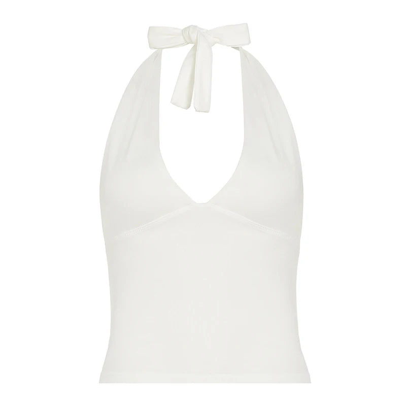 Top da donna con scollo a V e allacciatura dietro al collo