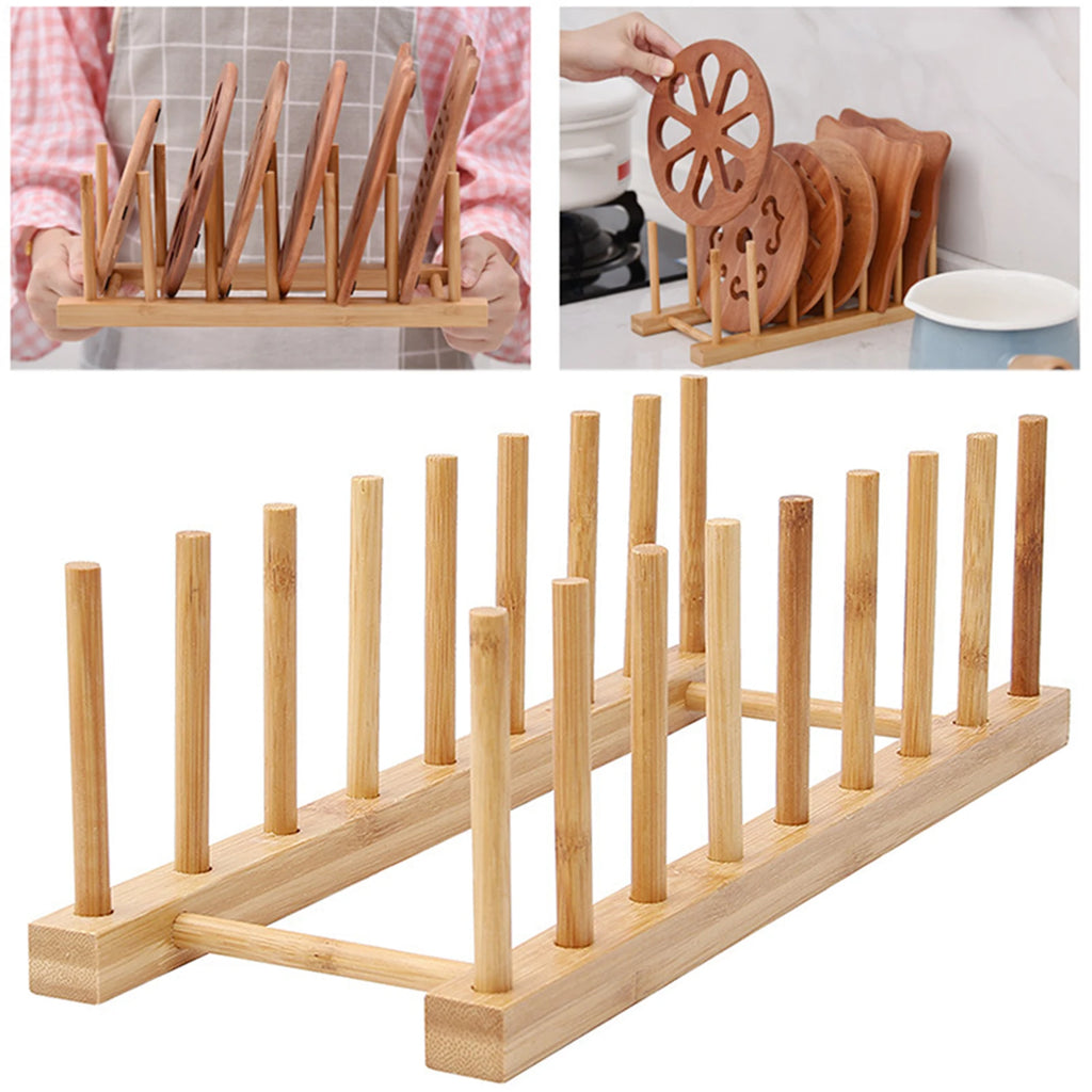 Escurridor de platos para cocina, organizador de vajilla, bandeja, estante de secado, soporte de madera para libros, tazas y platos.