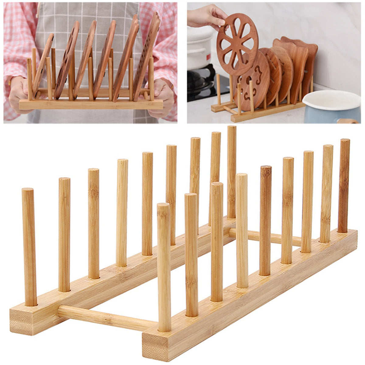 Escurridor de platos para cocina, organizador de vajilla, bandeja, estante de secado, soporte de madera para libros, tazas y platos.