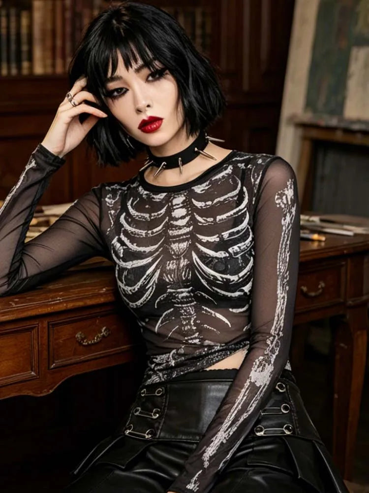 Chemise Dark Gothic Punk Années 2000 Femme Motif Crâne Col Rond Manches Longues Robe de Rue Noire y2k
