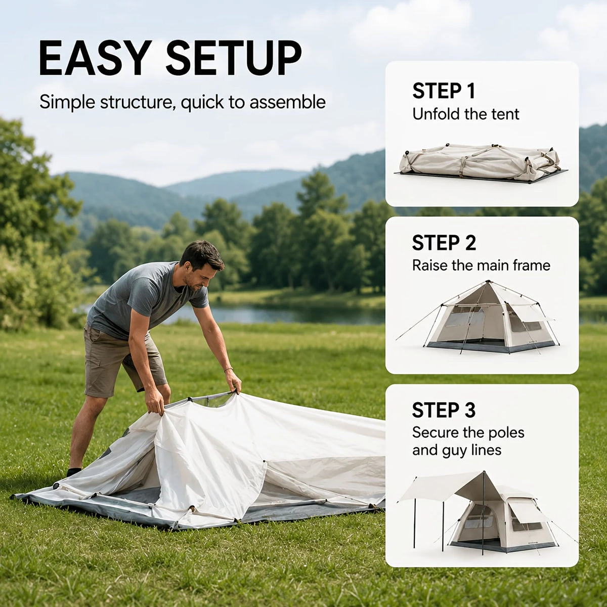 Automatic 2-in-1 Family Pop-Up Tent with Canopy UPF 50+ Waterproof for 3-5 People Fiberglass 240x240x155 cm