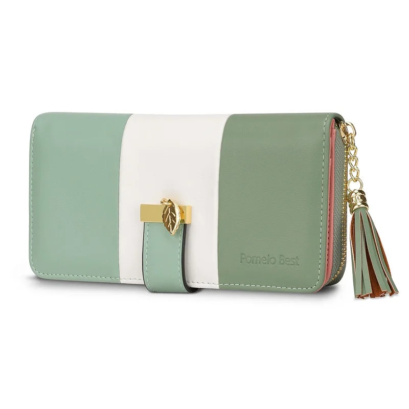 Pomelo Best 2026 Women RFID Wallet Color Block PU Clutch Multi Card Slots Phone Compartment Zipper Ladies Travel Coin Purse