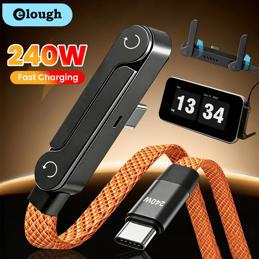 240W 2-in-1 Type-C to USB-C Fast Charging Data Cable with Foldable Phone Holder, Type-C Fast Charging Cable for iPhone 17, Black/Orange