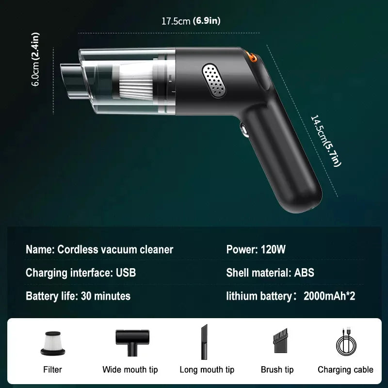 Wireless Mini Vacuum Cleaner 15000PA High Power 120W Cordless Handheld Dust Blower for Car, Home, and Pet Hair