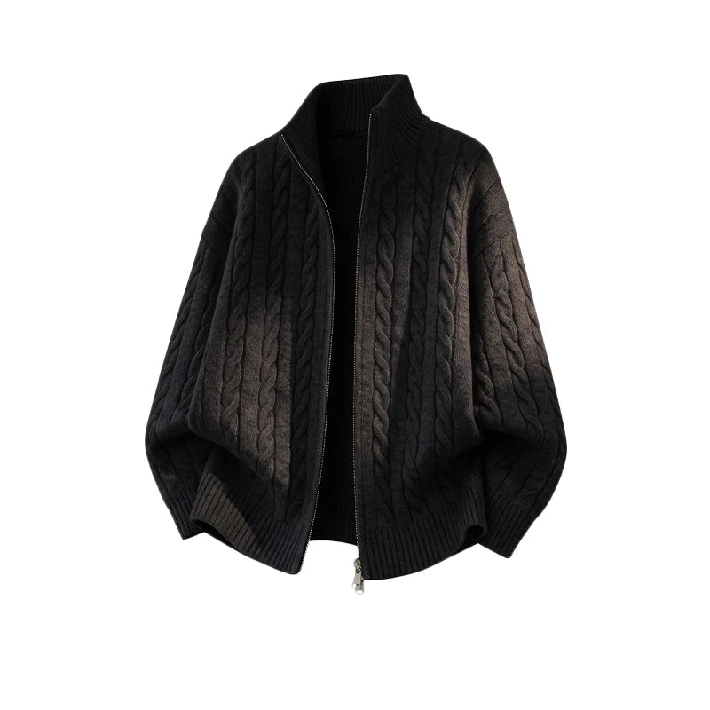 Autumn Fashion Sweatercoat for Men Mock Neck Old Money Jacquard Zipper Cardigan Solid Color Simple Style Knittedwear
