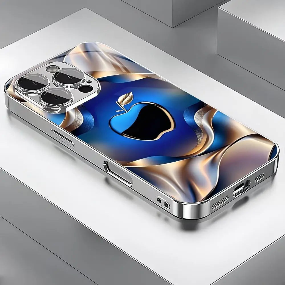 Blue textured electroplated glass phone case suitable for iPhone 18 17 16 15 14 13 12 11 Pro/Max/Plus anti drop and shockproof
