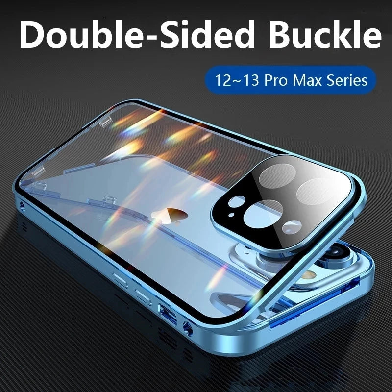 360 Full Protection Metal Magnetic Double Sided Glass Snap Lock Case For iPhone 18 17 16 15 14 13 Pro Max Lens Protection Cover