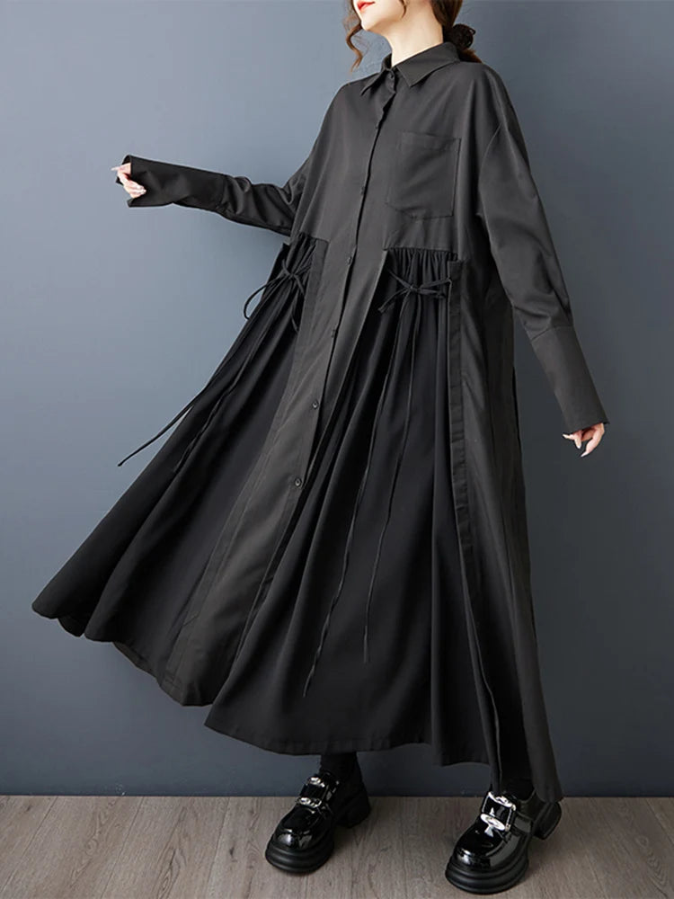 Abito chemisier nero midi da donna con allacciatura