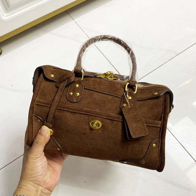 Vintage Faux Suede Boston Bags For Women Luxury Designer Handbag And Purse 2026 New In Riveted Lock Top Handle Underarm Shoulder