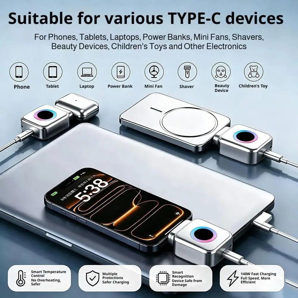 140W Fast Charging Smart Automatic Power-Off Charger Type-C Plug Overcharge Protection Charger Silver LED Light Phone Connector
