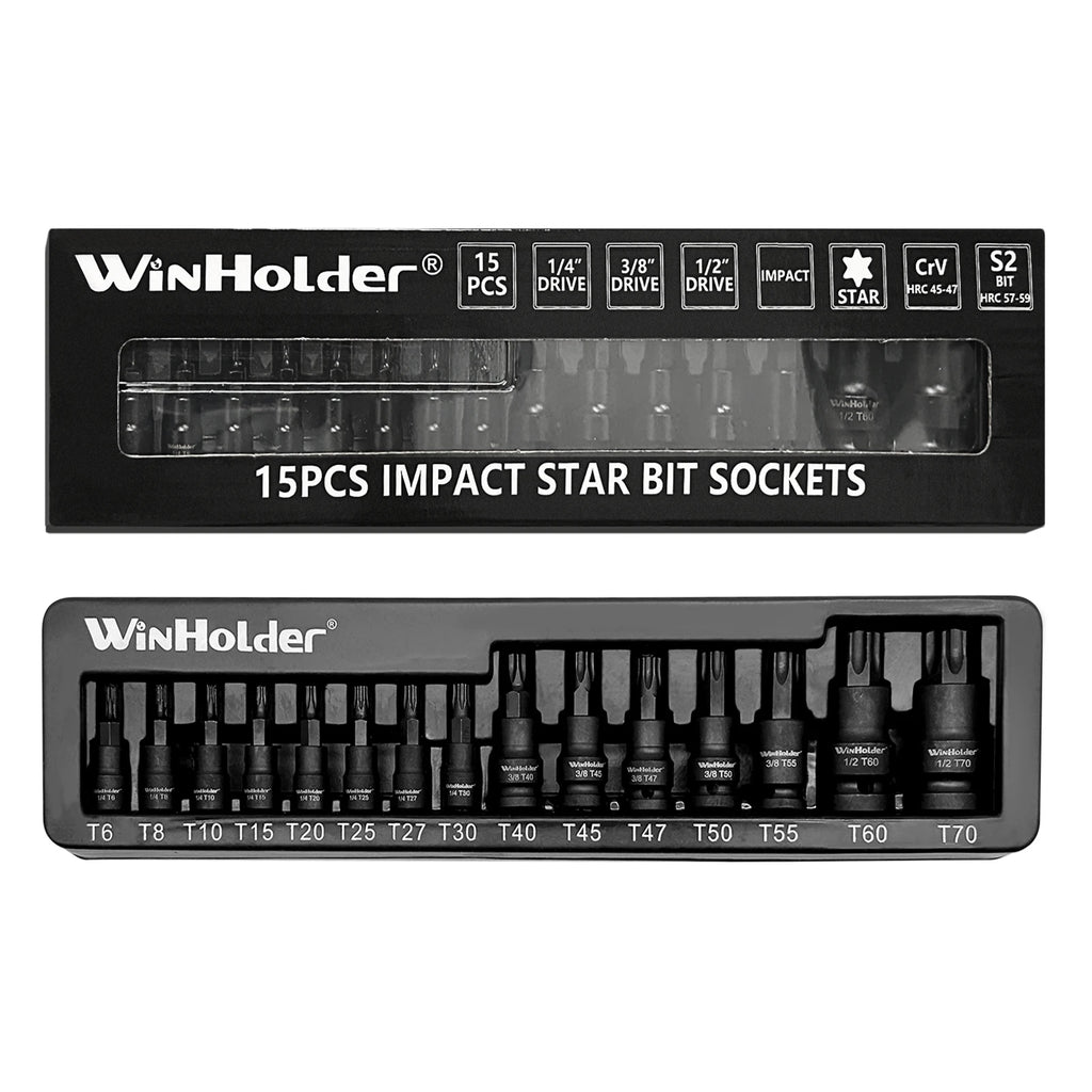 Juego de 15 vasos con puntas Torx de impacto, accionamiento de 1/4", 3/8" y 1/2", herramientas en pulgadas, puntas TRX-Star T6 a T30 para kit de reparación de garaje