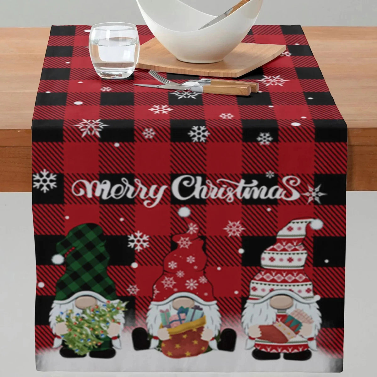 Polyester Pongee Christmas Table Runners Christmas Gnome Dolls Dining Table Decoration  Faceless Doll Print Table Cloth