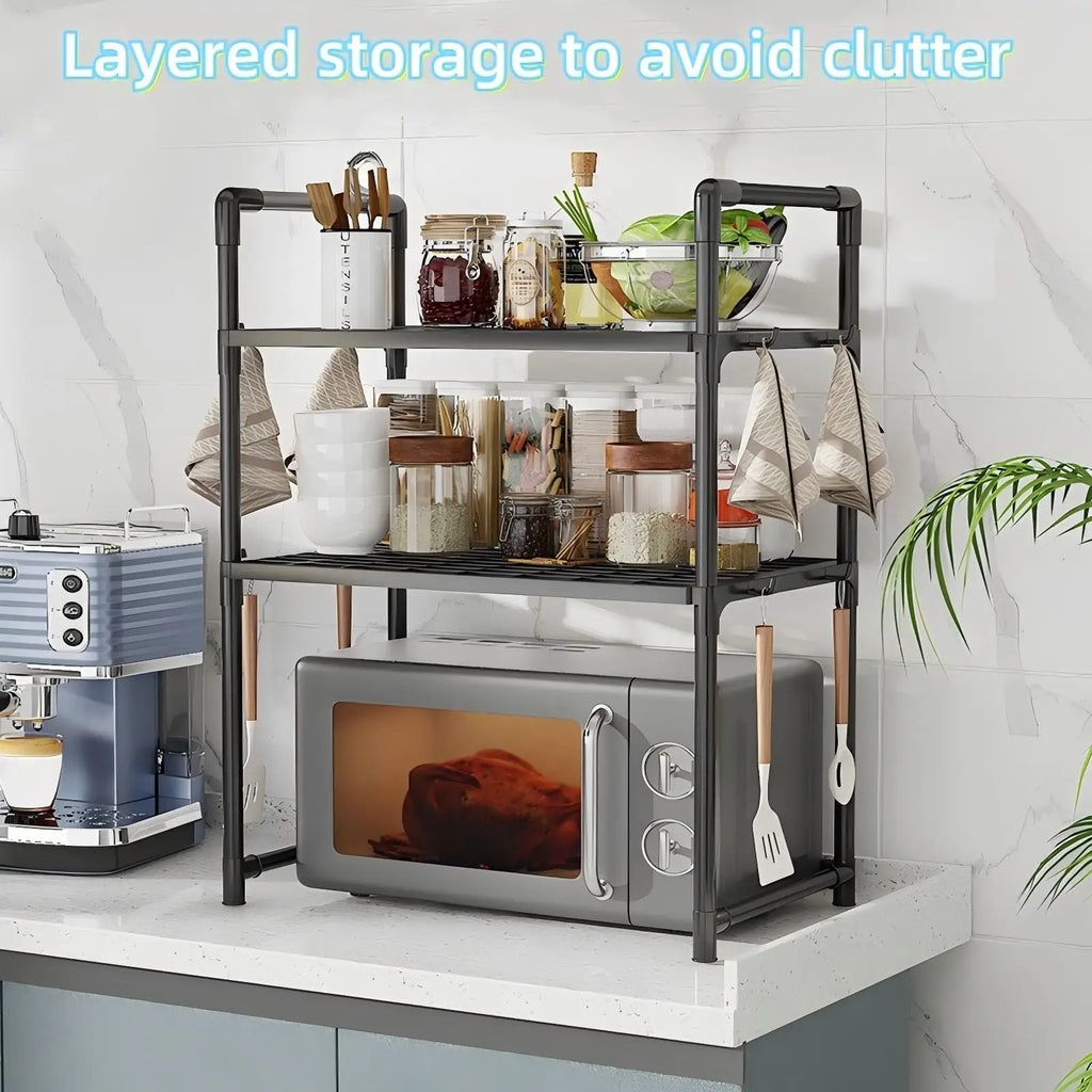 Durable Microwave Stand Shelf - Heavy Duty Countertop Rack for Oven, Spice & Dish Storage with Hooks, Plastic Utility Organizer