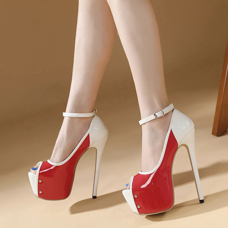 Scarpe peep toe donna Liyke rosse e bianche con plateau