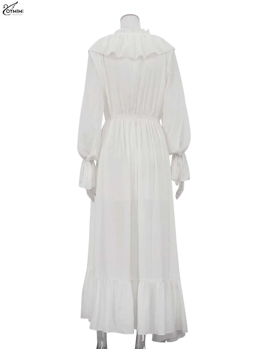 Abito bianco da donna con scollo a V e maniche lunghe