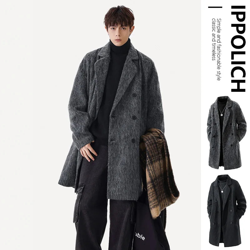 Autumn Winter Fleece Coat Mid-length Gray Oversized Thickened Warm Imitation Cashmere Blends Coat Men Double-breasted Trend Coat