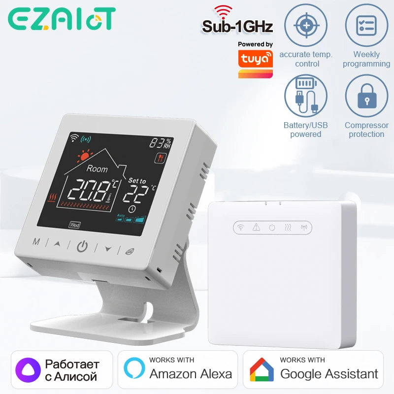 Smart Wi-Fi Wireless Thermostat with 220V Receiver for Dry Contact Signal Water Gas Boiler Tuya Remote Temperature Controller Alexa Google Home Type-c Cable/Battery Powered Thermostat