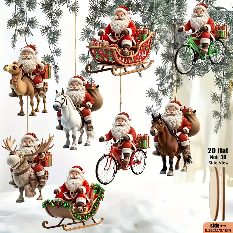 8pcs Different Riding Tools 2D Flat Santa Claus Wooden Ornament Set - Perfect for Christmas Trees and Holiday Home Decorations