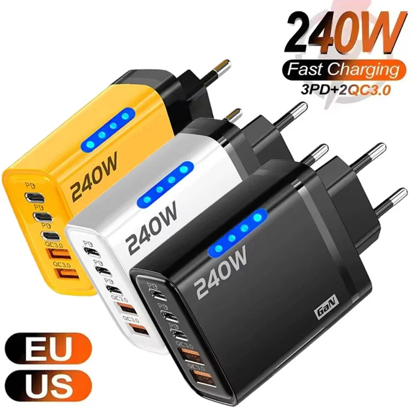 240W GaN 5 in 1 Fast Charging Phone Charger USB C Charger Power Adapter Type C EU/US Plug Wall Charger For iPhone Samsung Xiaomi