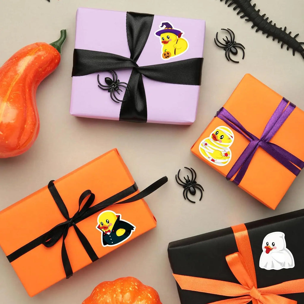 500 Stück Halloween Gummi-Enten Rollenaufkleber Lustige Cartoon-Enten Etiketten für Umschläge, Scrapbook, Süßes oder Saures Partyzubehör