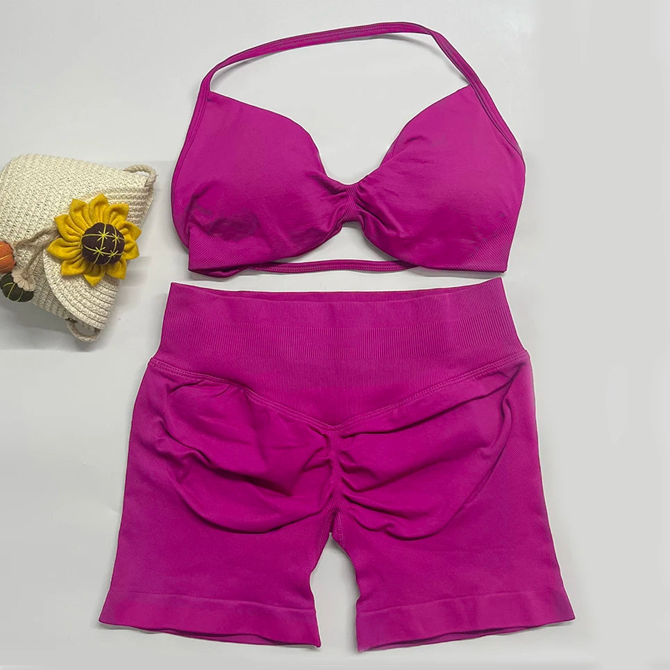2PCS DF Gym Set Women Strappy Yoga Bra Top Sportswear Workout Scrunch Shorts Sports Suit Seamless Set Fitness Clothes
