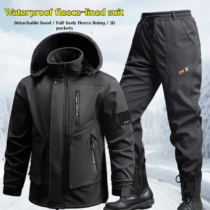 Men’s Winter Workwear Set, Thickened Waterproof Jacket and Pants, Windproof Outdoor Two-Piece Suit for Men
