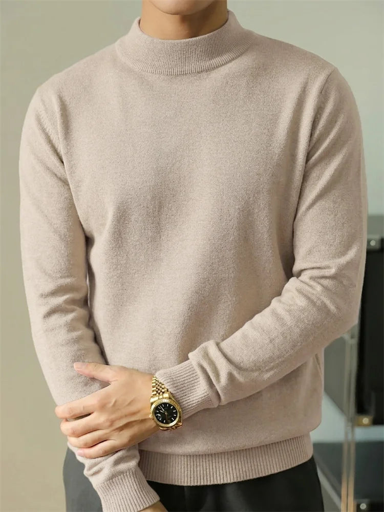 Autumn Men's Sweater Slim Fit Long Sleeve Mock Neck Casual Warm Knitwear Solid Color Fashion Simple Style Knitted Pullovers