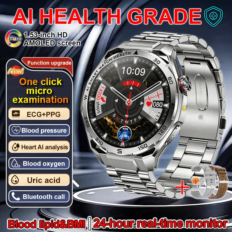 New AI Health Diagnose Smart Watch ECG+PPG Physical examination BP BO2 Uricacid Call Health Tracker Smartwatch For Men Women IOS