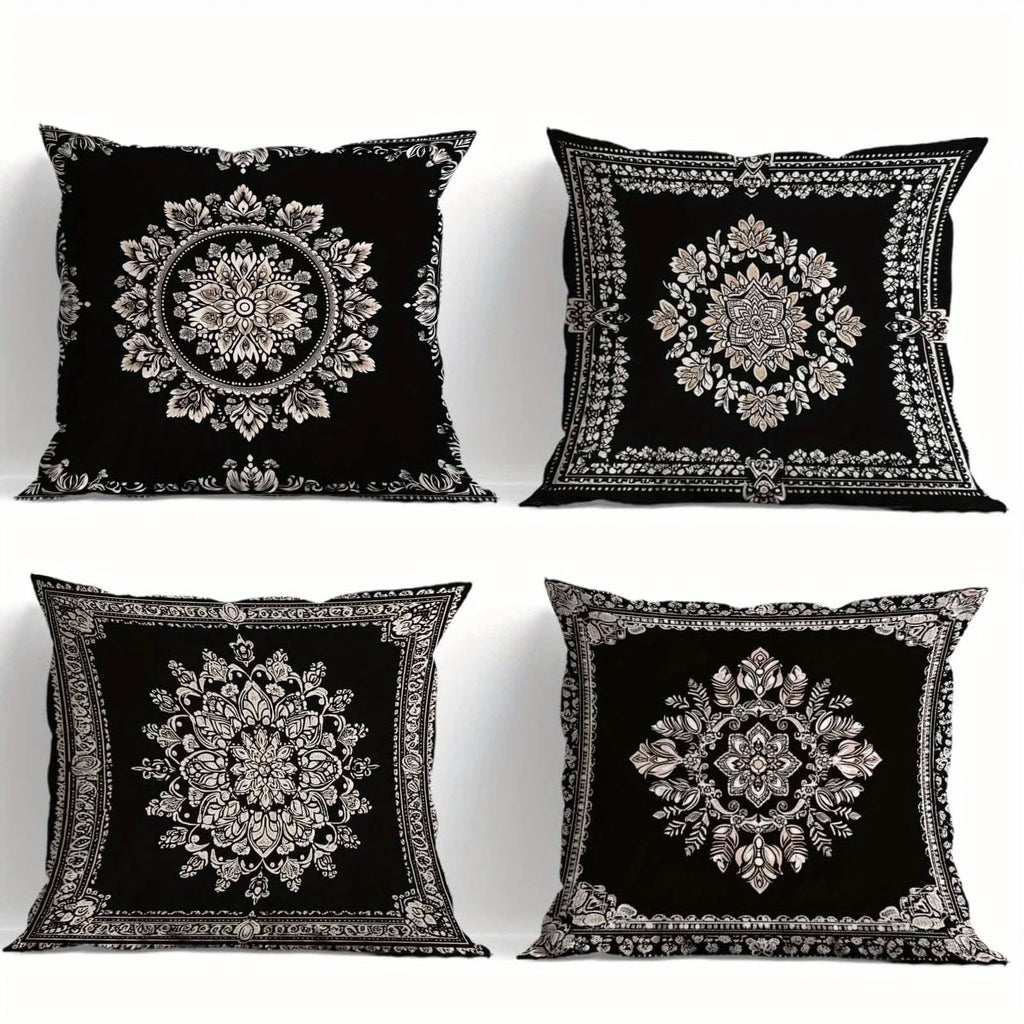 Luxuriöses schwarzes Mandala-Kissenhüllen-Set, 4-teilig, marokkanische Ethno-Kissenbezüge für Sofa, Schlafzimmer und Wohnaccessoires