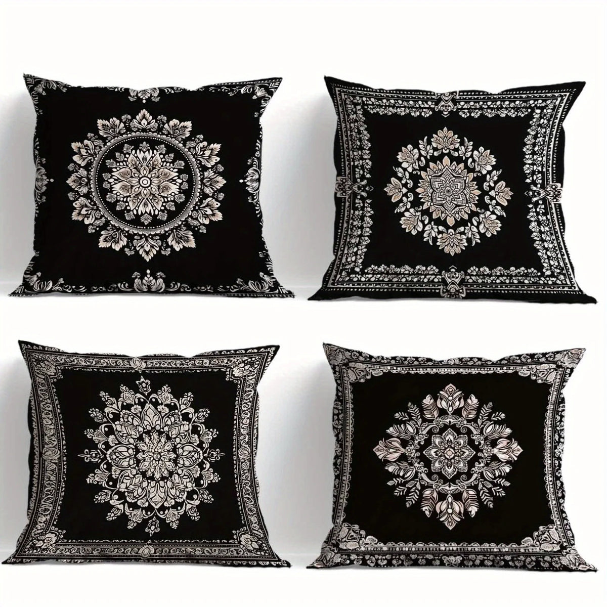Luxuriöses schwarzes Mandala-Kissenhüllen-Set, 4-teilig, marokkanische Ethno-Kissenbezüge für Sofa, Schlafzimmer und Wohnaccessoires