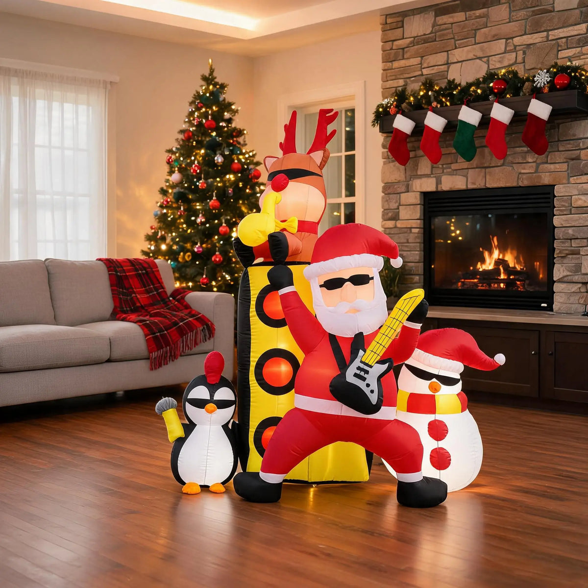 Christmas Inflatable Yard Decoration Santa with Drum Band Outdoor Holiday Lawn Inflatable Set Group Scene Snowman Penguin Reindeer Built In Fan LED Lights Waterproof Polyester Holiday Decor Supplies