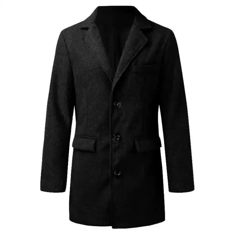 Autumn Winter Men's Business Casual Coats Turn Down Collar Long Woolen Outwear Male England Style Single Breasted Trench Coat