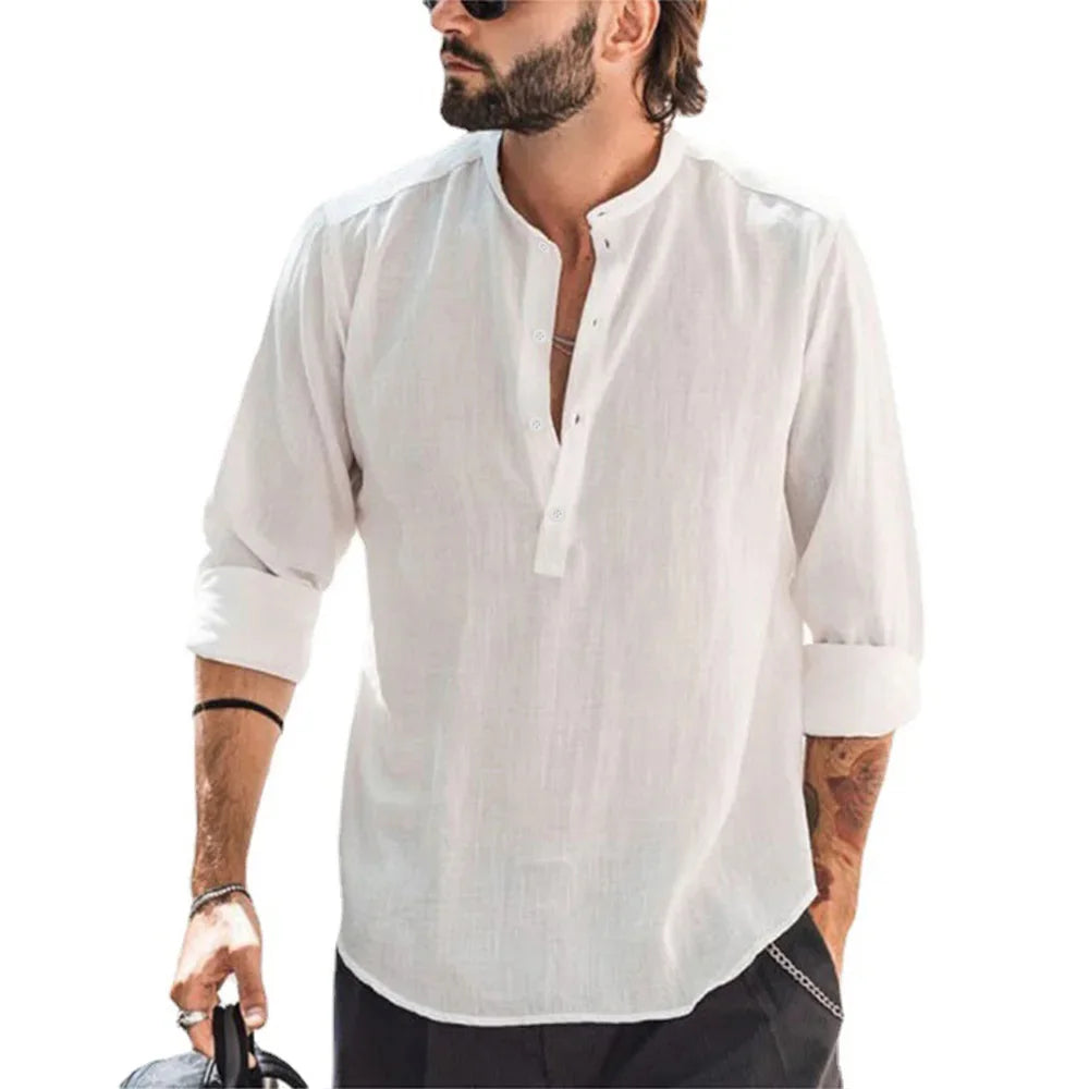 Men's Casual Blouse Cotton Linen Shirt Loose Tops Long Sleeve Tee Shirt Spring Autumn Casual Handsome Men's Shirts