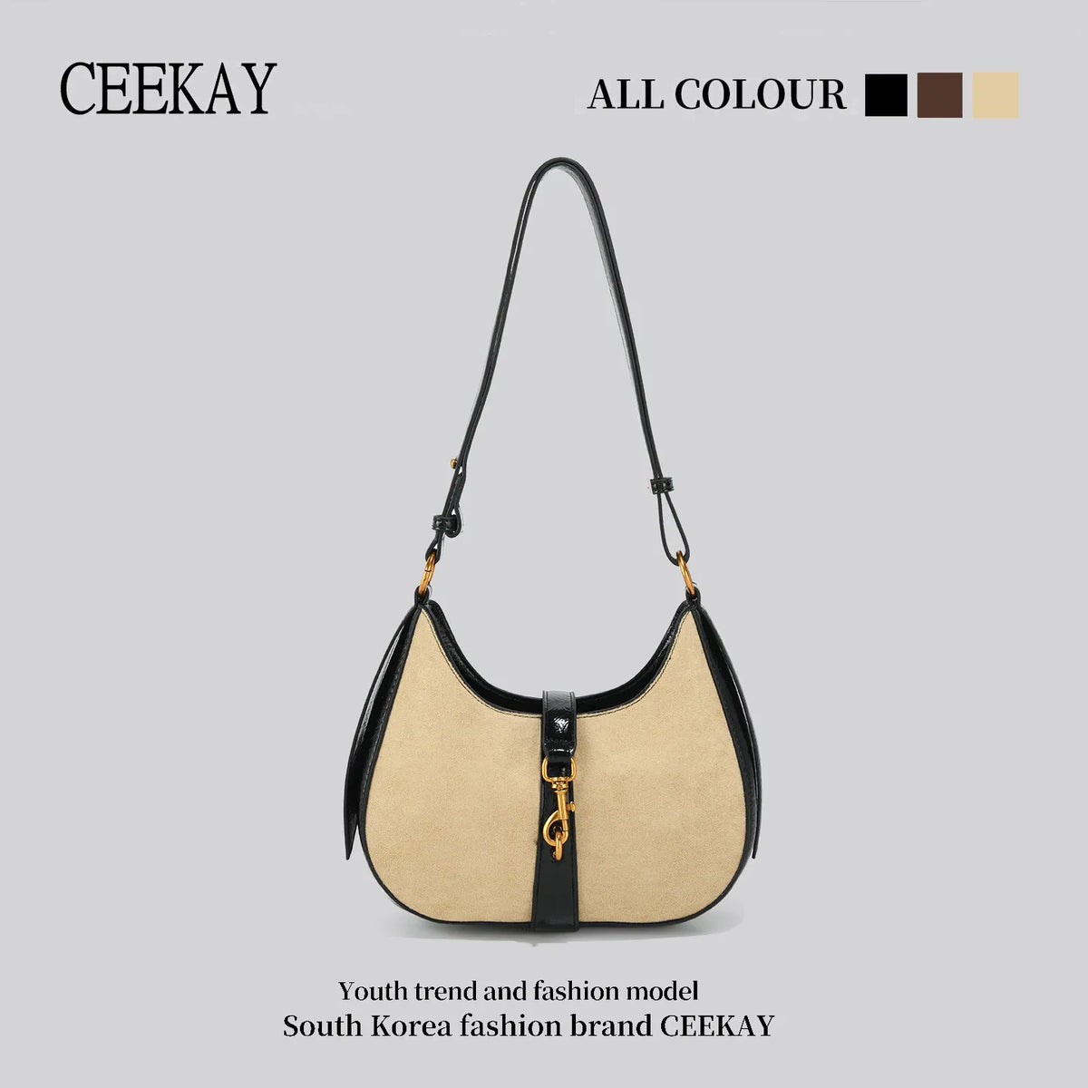 2026 New CEEKAY Suede Splice Hobo Bag, Crescent Shoulder Bag with Metal Hook Decor, Casual Underarm Bag for Women Handbags