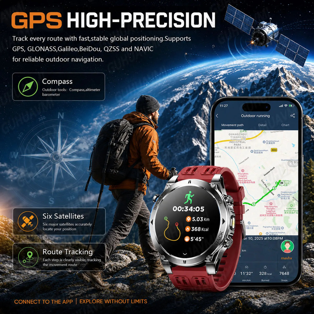 New T-RX 4 Military GPS Smartwatch Men 6 Satellite Precise Positioning 10ATM Waterproof HD Call 170+Sports Modes LED Flashlight