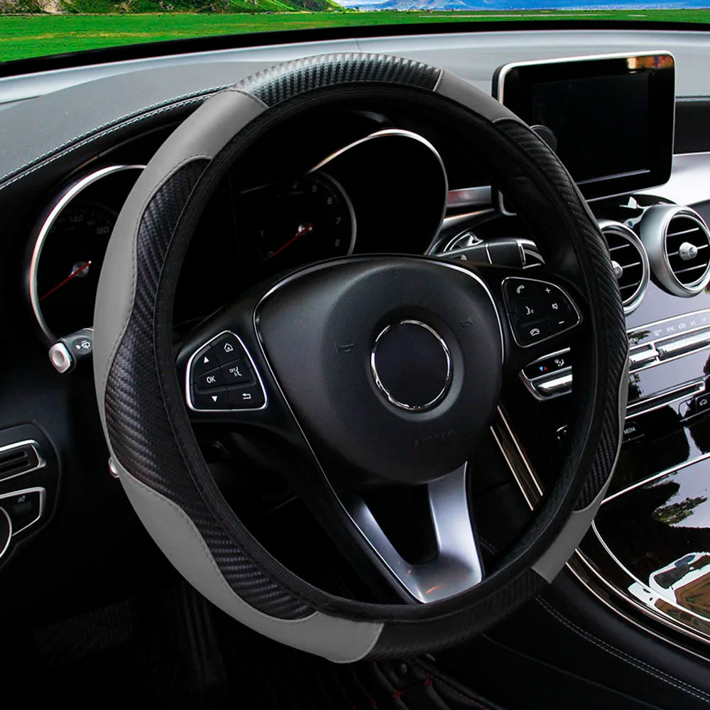 PU Carbon Fiber Leather Steering Wheel Cover Without Inner Ring, Suitable for 14.5–15-Inch Steering Wheels