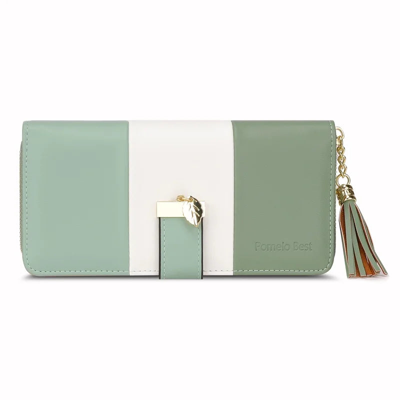 Pomelo Best 2026 Women RFID Wallet Color Block PU Clutch Multi Card Slots Phone Compartment Zipper Ladies Travel Coin Purse