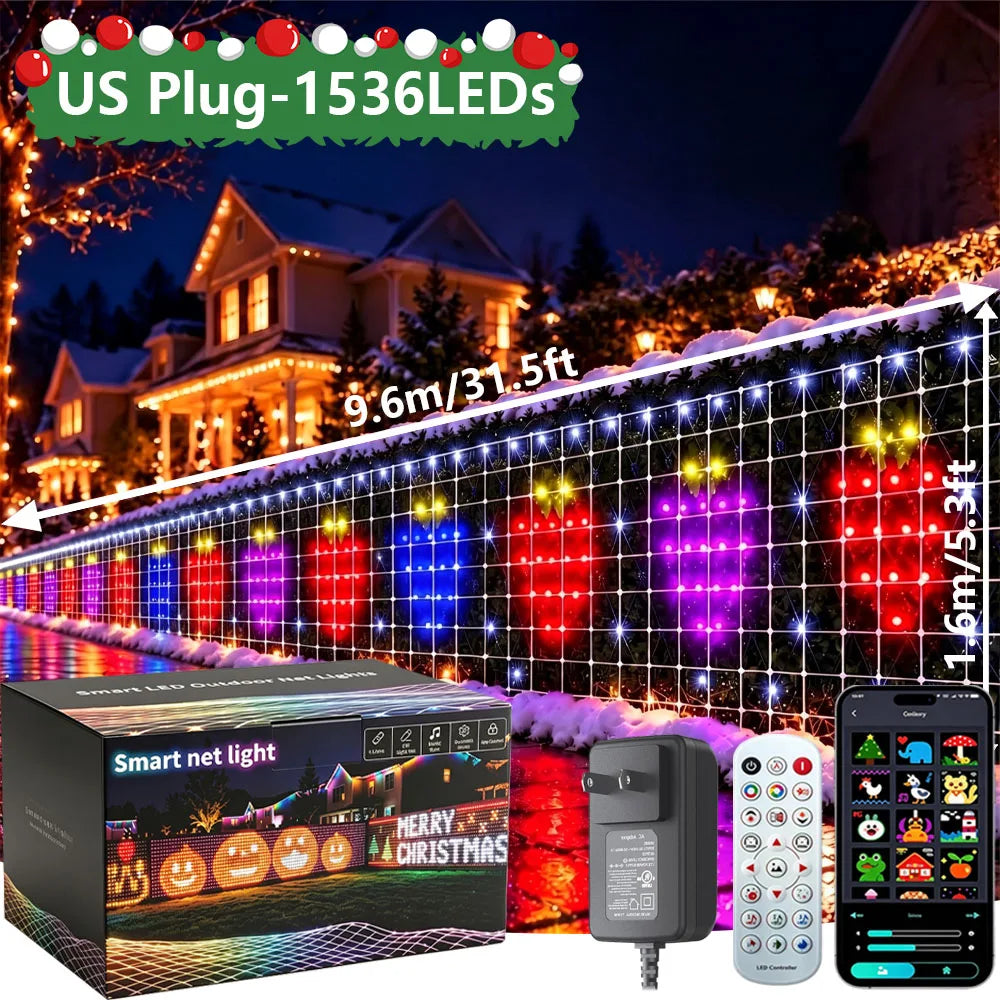 32×5FT 1536 LED Smart Christmas Net Lights,Outdoor Mesh Lights for Bushes Patio Decor,Color Changing DIY Mode Timer Waterproof
